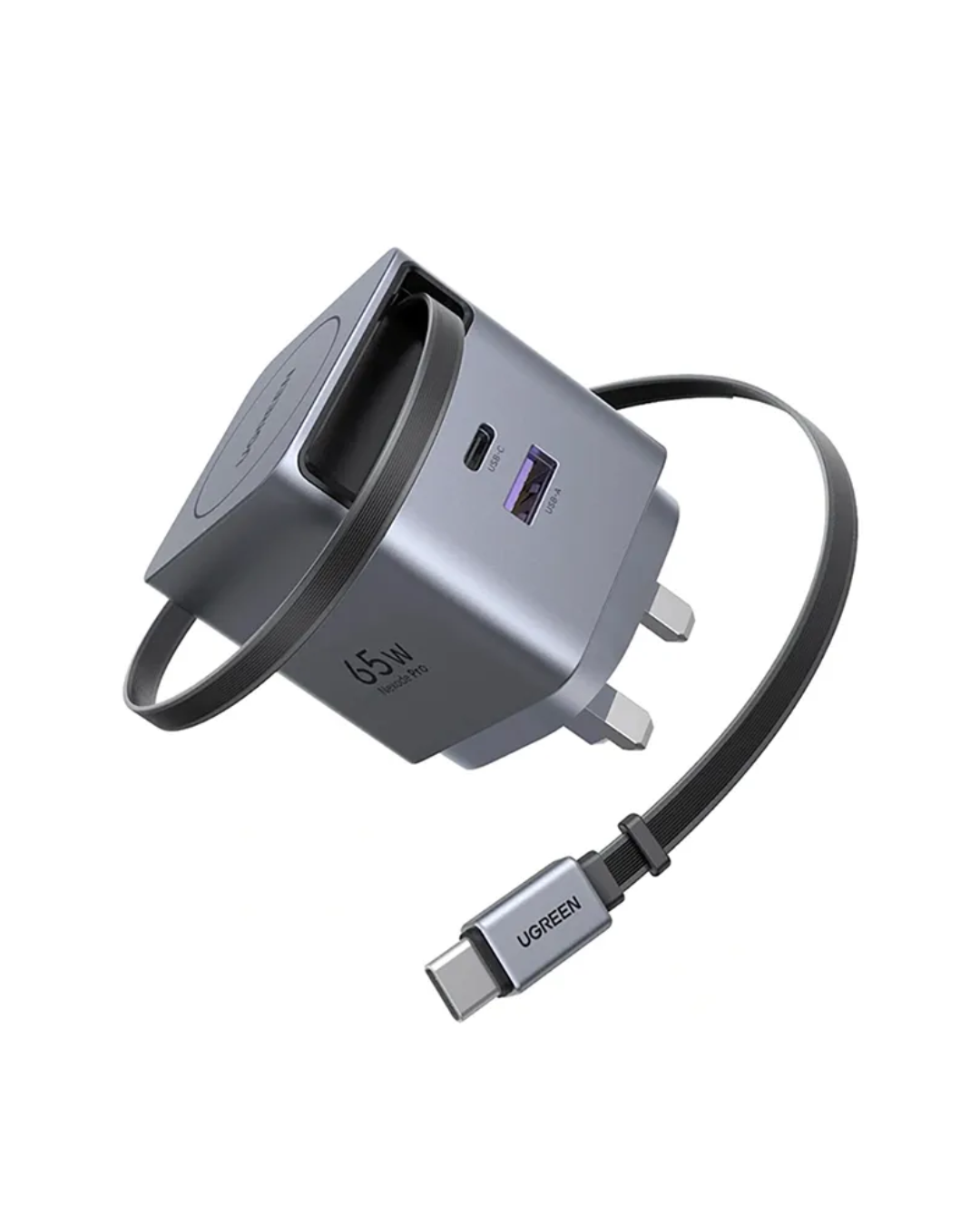 UGREEN Nexode Pro – 65W 2-Port Type-C GaN Fast Charger with Retractable Cable – X615